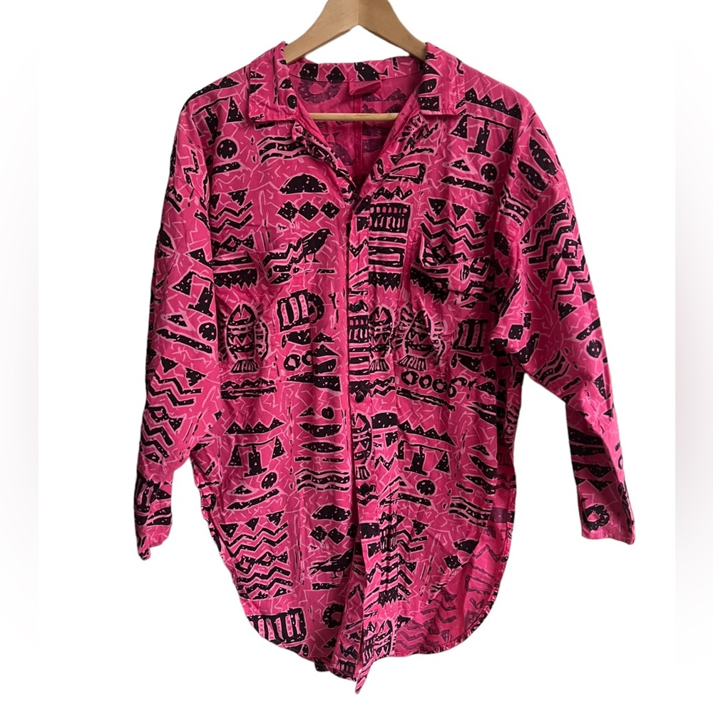 Vintage Garron USA Statement Blouse Size M Art Aztec Geometric Funky Top RARE